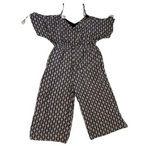 New Auw Womens Romper L Jumpsuit Wide Leg Crop Cutout Sleeve Black Pink Print